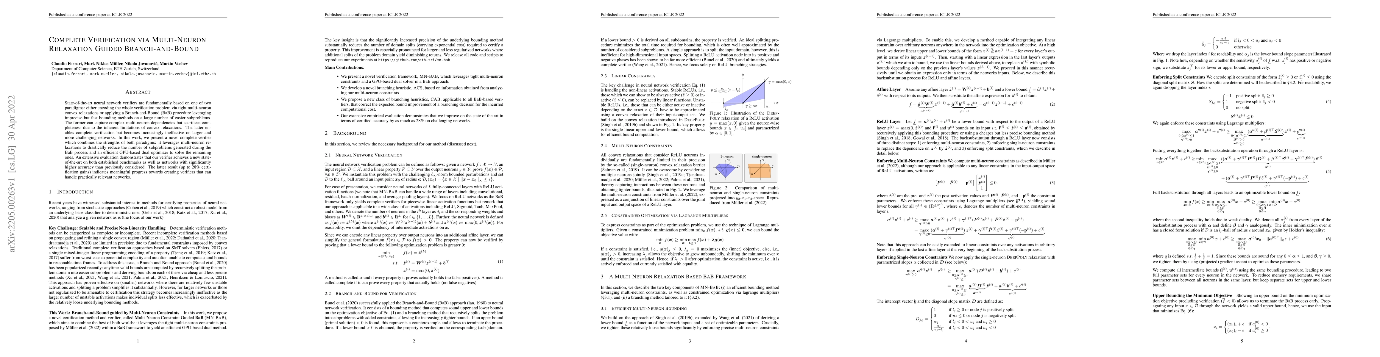 Thumbnail for Complete Verification via Multi-Neuron Relaxation Guided
  Branch-and-Bound