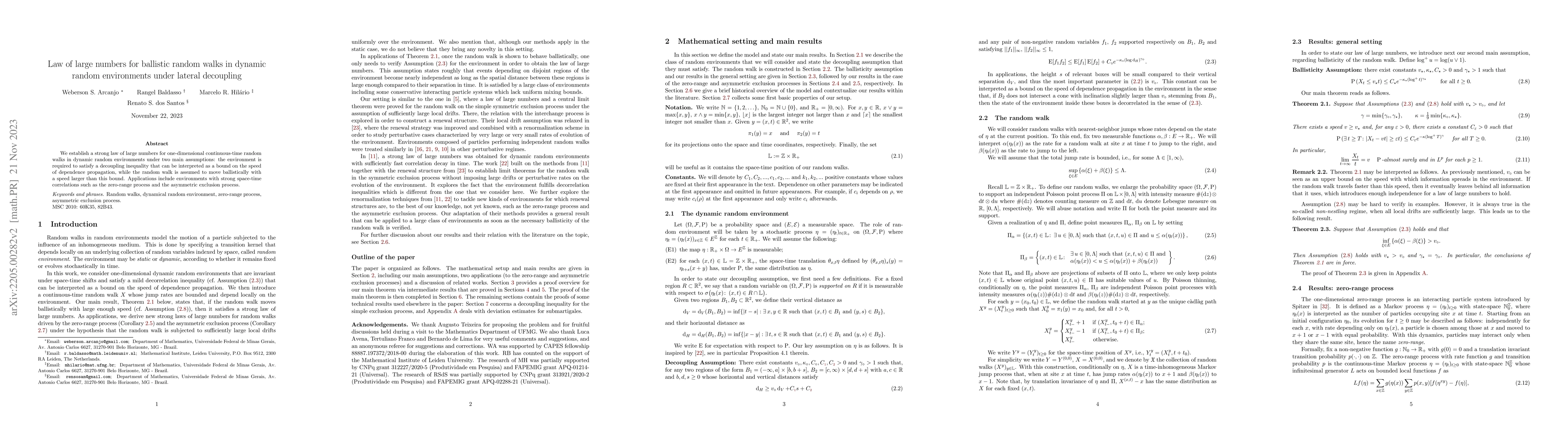 Thumbnail for Law of large numbers for ballistic random walks in dynamic random
  environments under lateral decoupling