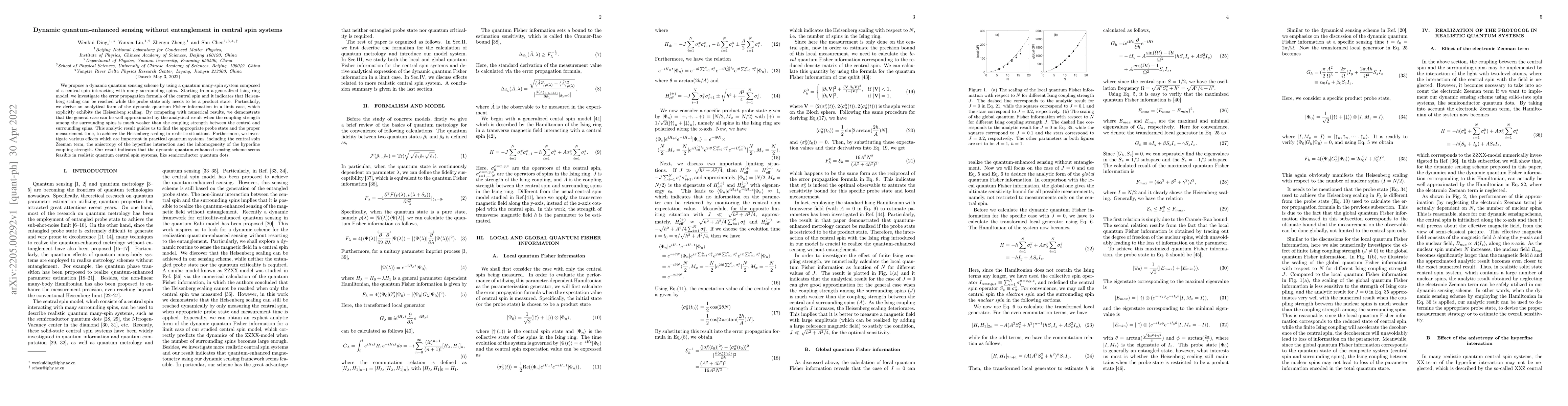 Thumbnail for Dynamic quantum-enhanced sensing without entanglement in central spin
  systems