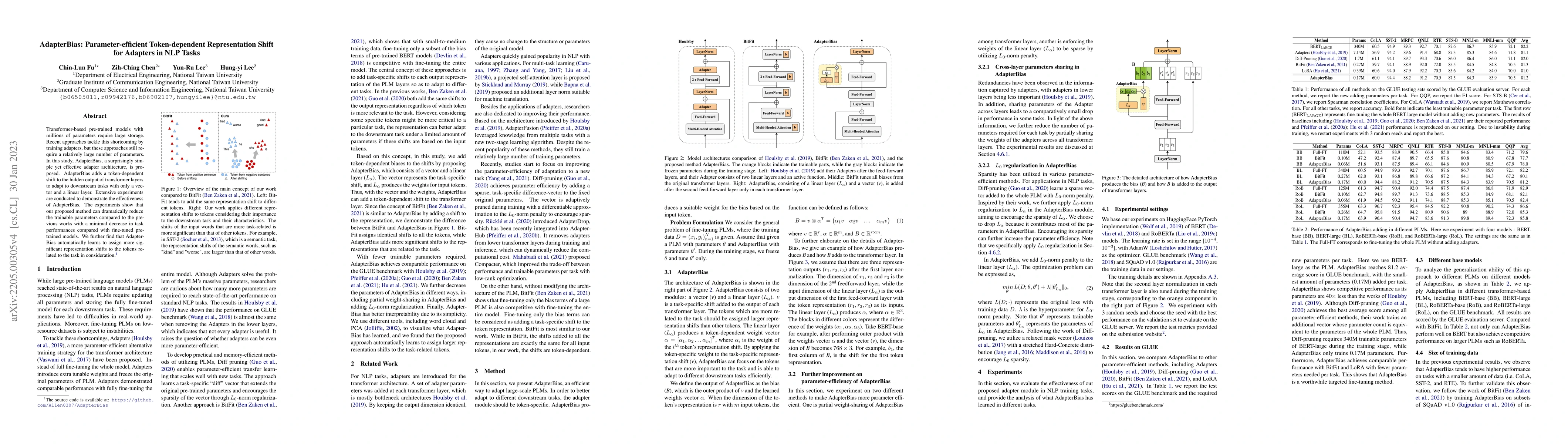 Thumbnail for AdapterBias: Parameter-efficient Token-dependent Representation Shift
  for Adapters in NLP Tasks