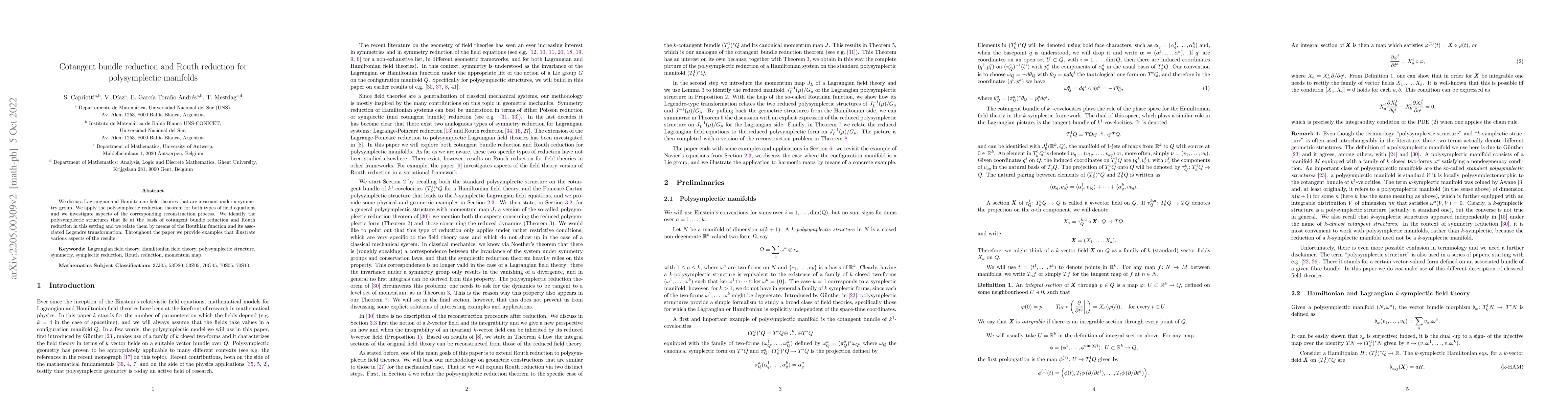 Thumbnail for Cotangent bundle reduction and Routh reduction for polysymplectic
  manifolds