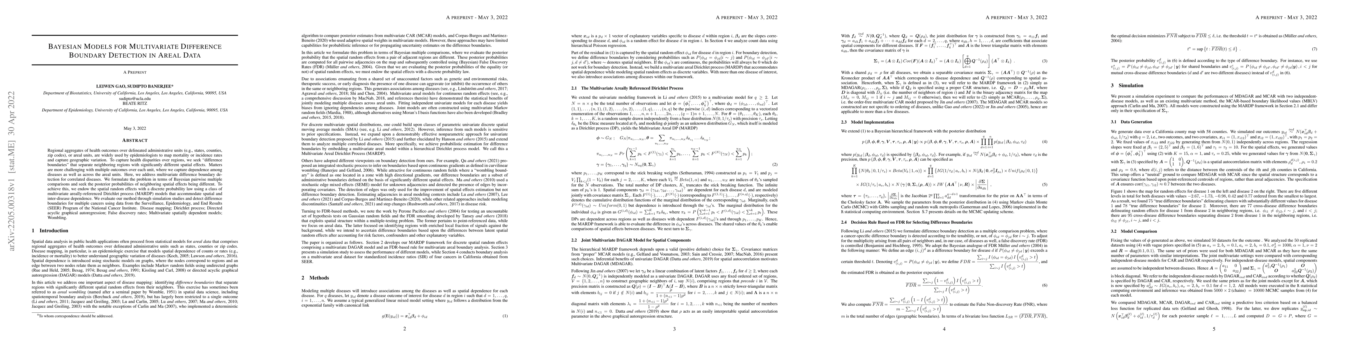 Thumbnail for Bayesian Models for Multivariate Difference Boundary Detection in Areal
  Data
