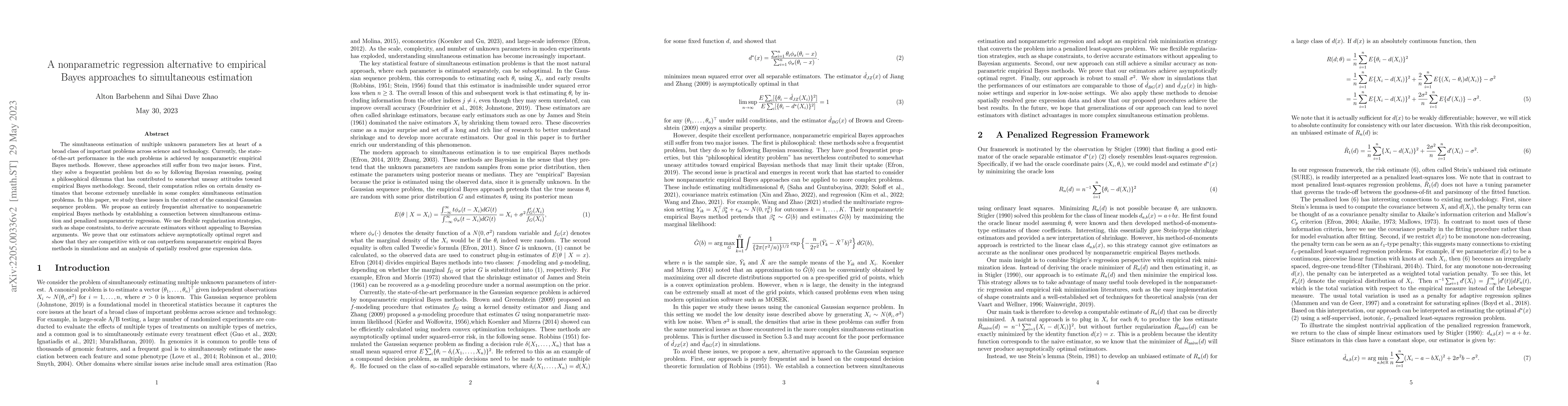Thumbnail for A nonparametric regression alternative to empirical Bayes approaches to
  simultaneous estimation