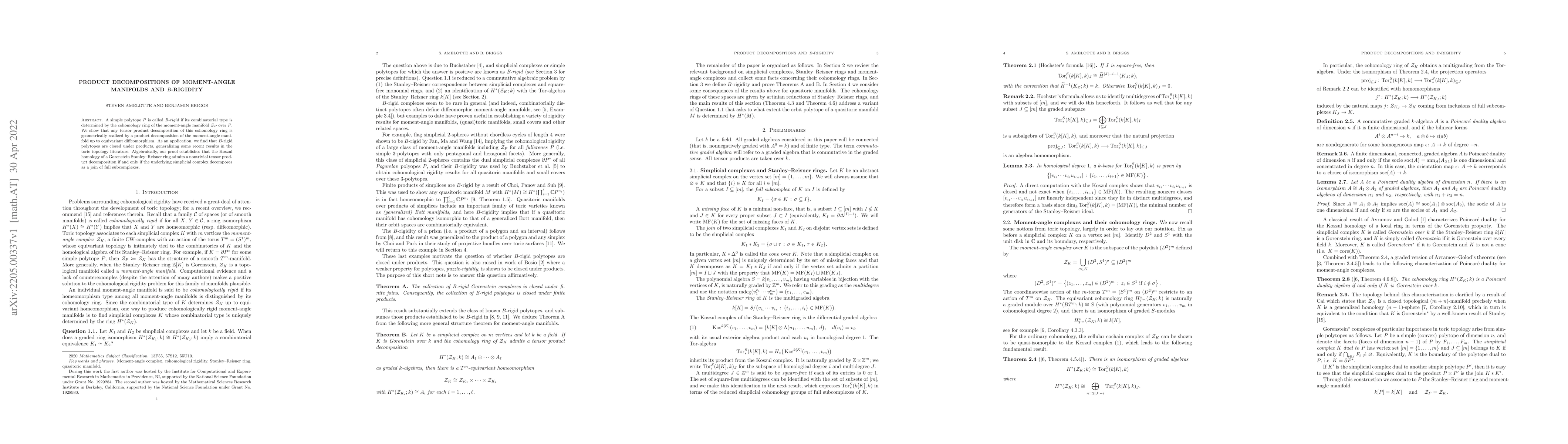 Thumbnail for Product decompositions of moment-angle manifolds and $B$-rigidity