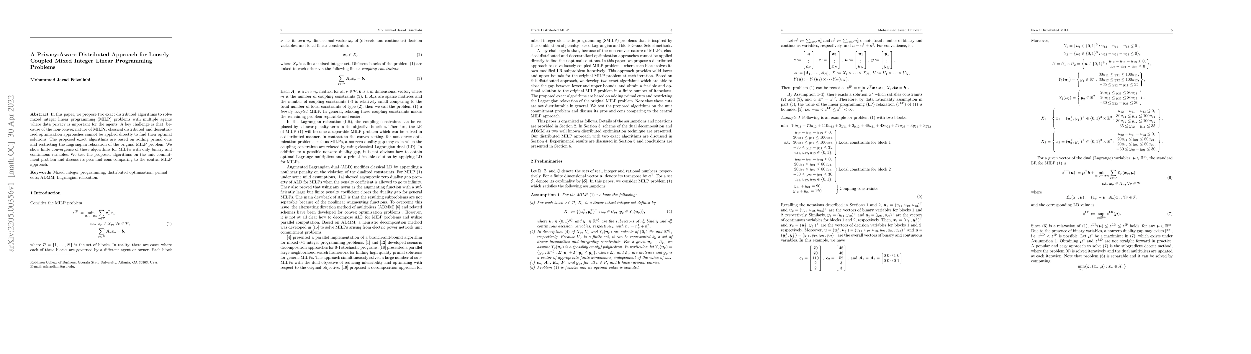 Thumbnail for A Privacy-Aware Distributed Approach for Loosely Coupled Mixed Integer
  Linear Programming Problems