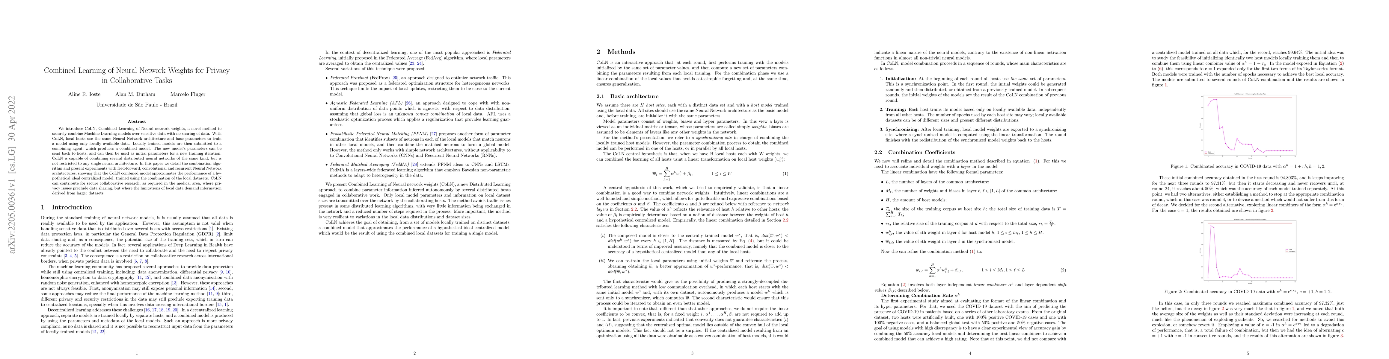 Thumbnail for Combined Learning of Neural Network Weights for Privacy in Collaborative
  Tasks