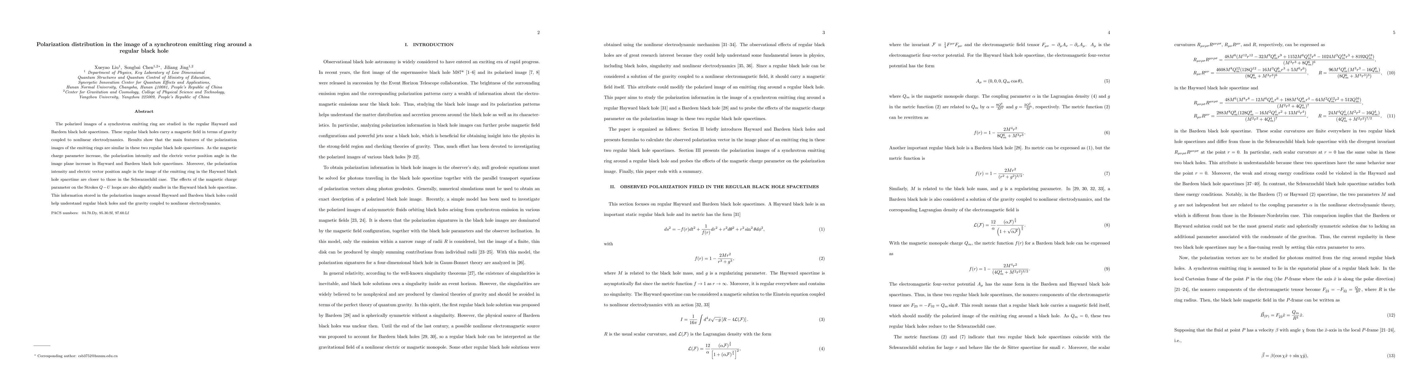 Thumbnail for Polarization distribution in the image of a synchrotron emitting ring
  around a regular black hole