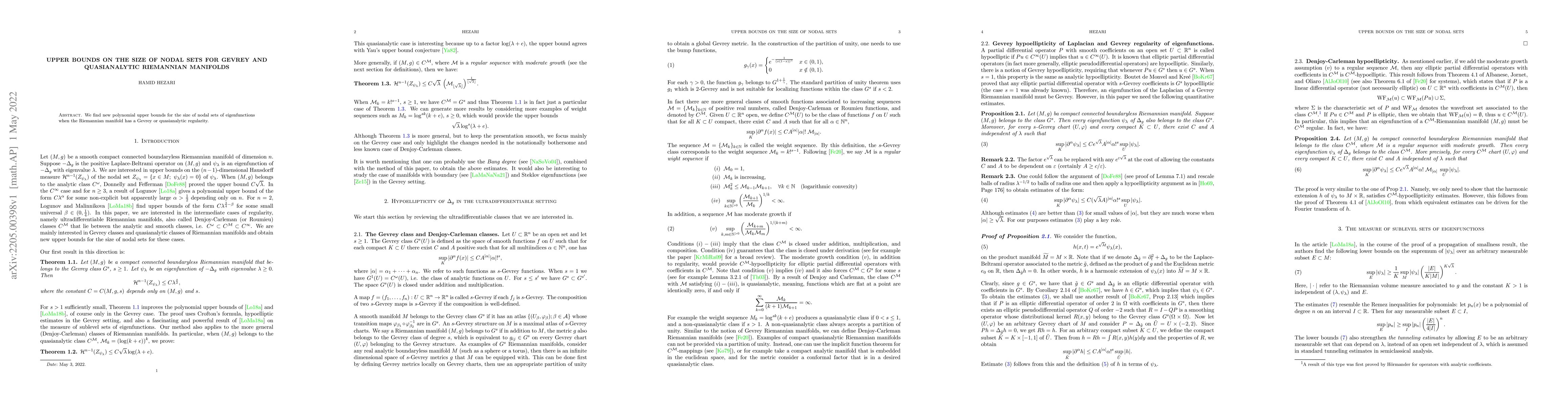 Thumbnail for Upper bounds on the size of nodal sets for Gevrey and quasianalytic
  Riemannian manifolds