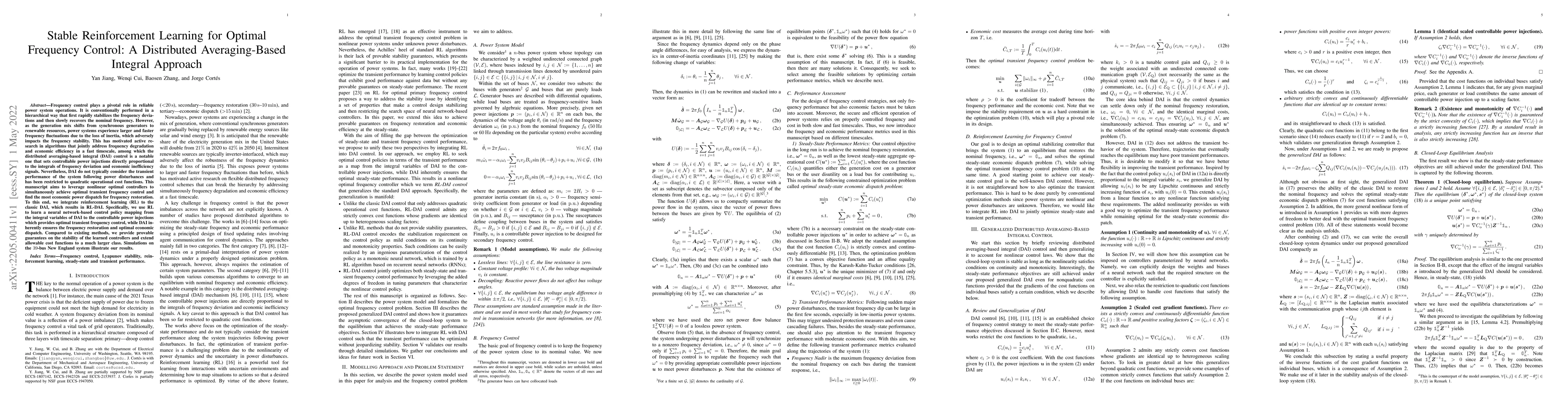 Thumbnail for Stable Reinforcement Learning for Optimal Frequency Control: A
  Distributed Averaging-Based Integral Approach