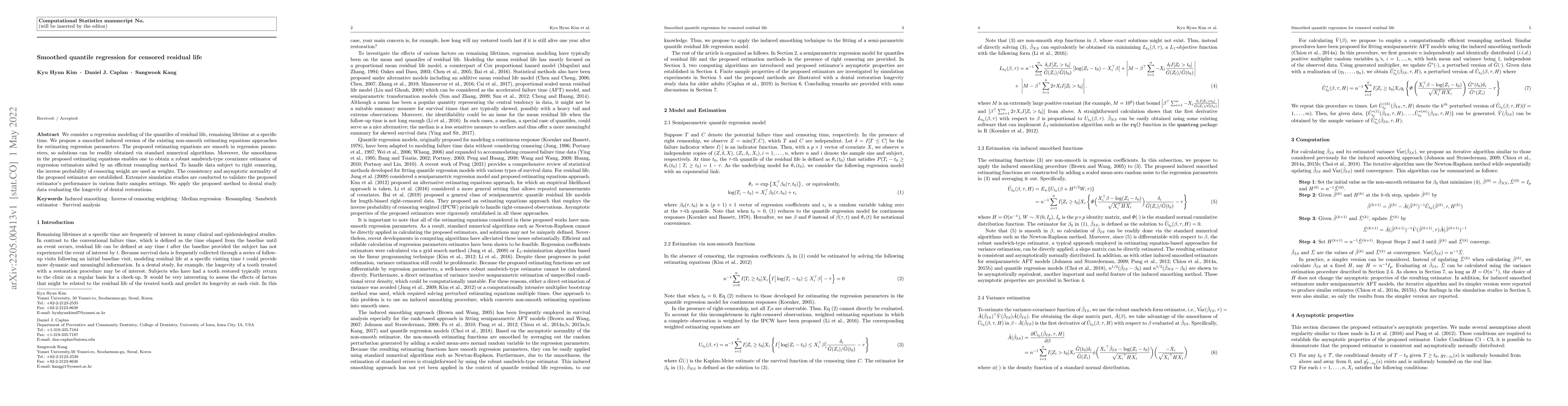 Thumbnail for Smoothed quantile regression for censored residual life