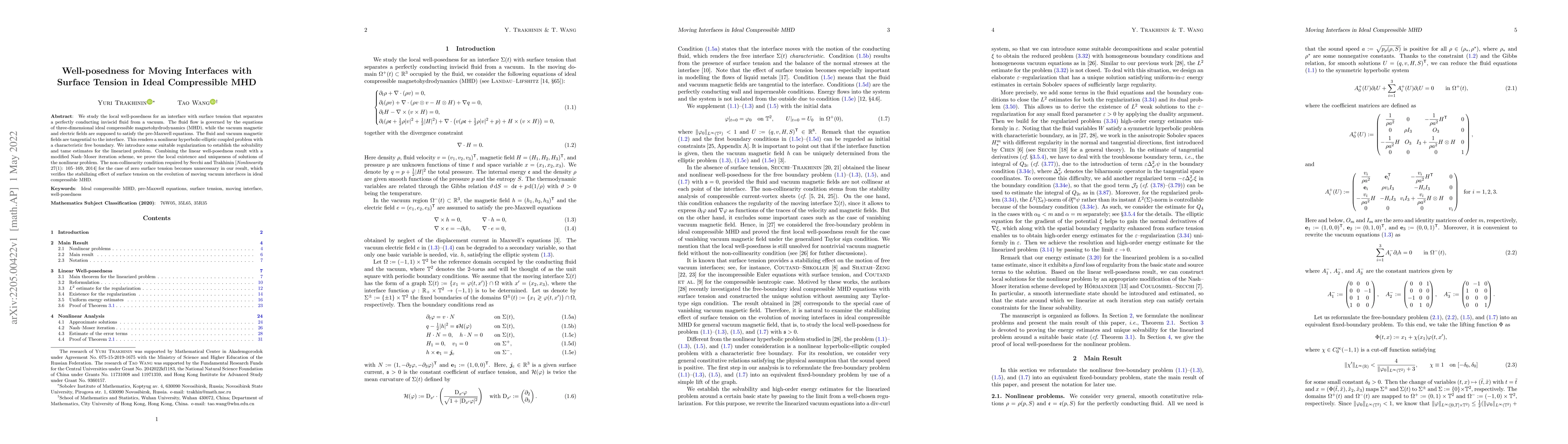 Thumbnail for Well-posedness for Moving Interfaces with Surface Tension in Ideal
  Compressible MHD