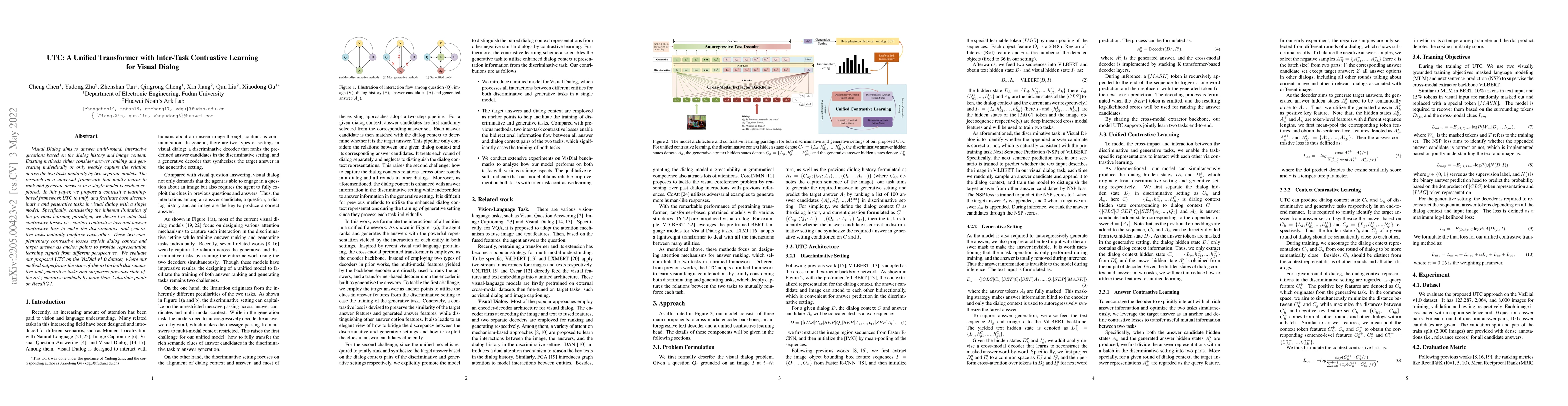 Thumbnail for UTC: A Unified Transformer with Inter-Task Contrastive Learning for
  Visual Dialog