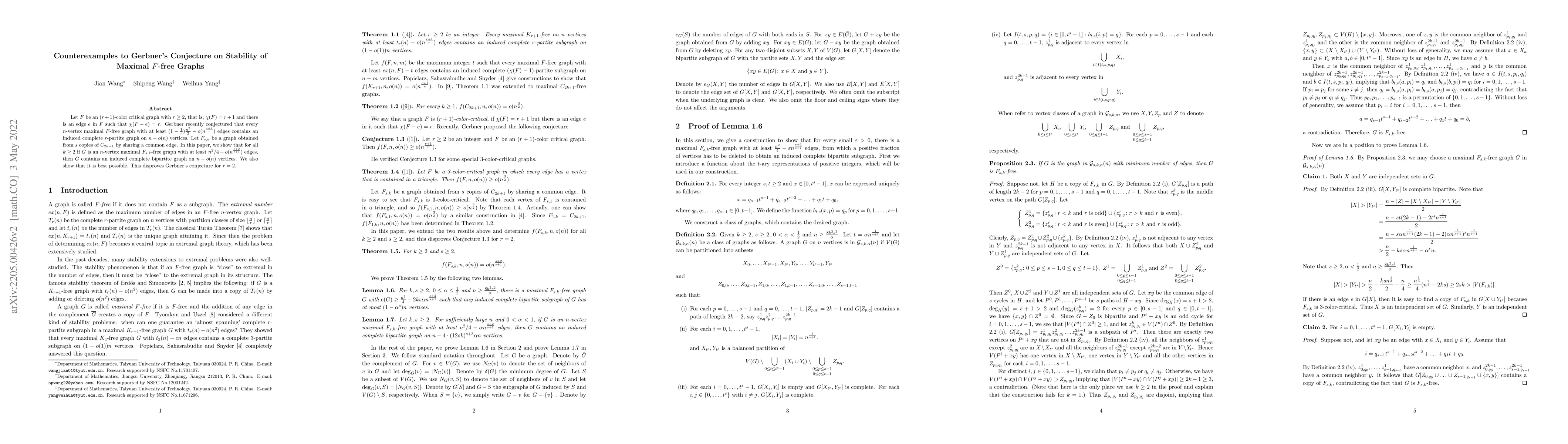 Thumbnail for Counterexamples to Gerbner's Conjecture on Stability of Maximal $F$-free
  Graphs