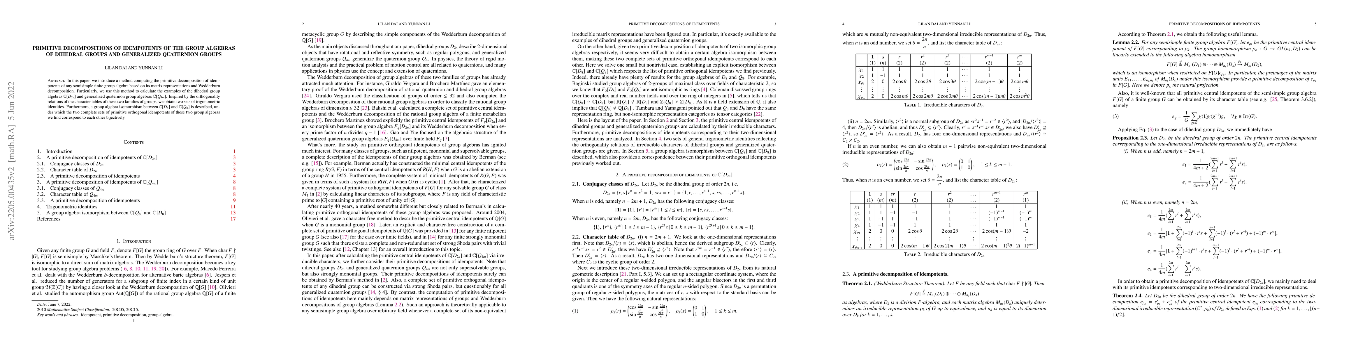 Thumbnail for Primitive decompositions of idempotents of the group algebras of
  dihedral groups and generalized quaternion groups