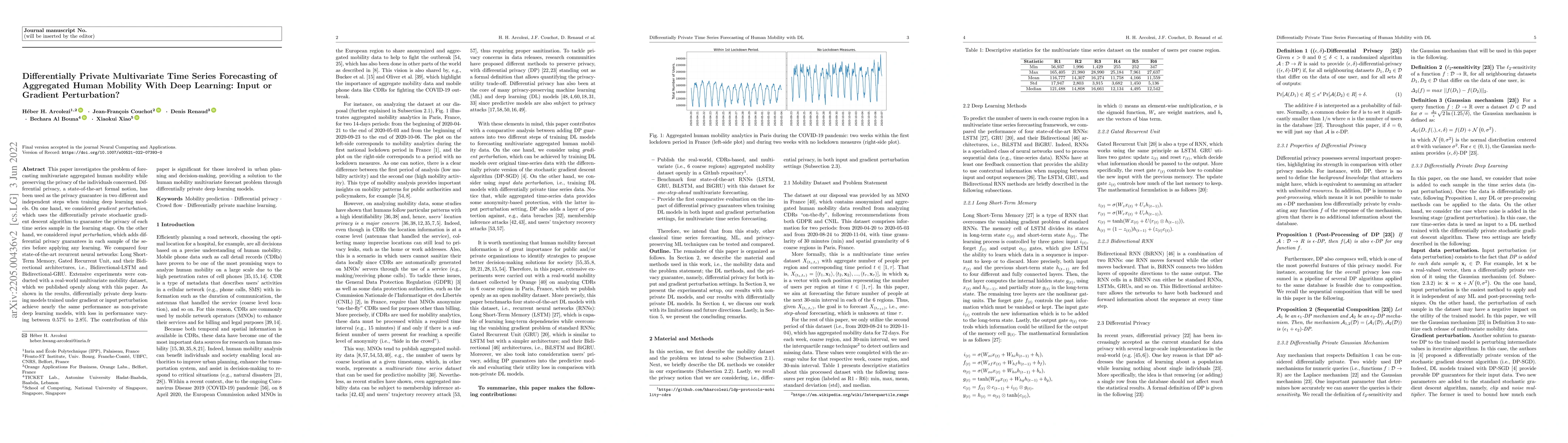 Thumbnail for Differentially Private Multivariate Time Series Forecasting of
  Aggregated Human Mobility With Deep Learning: Input or Gradient Perturbation?