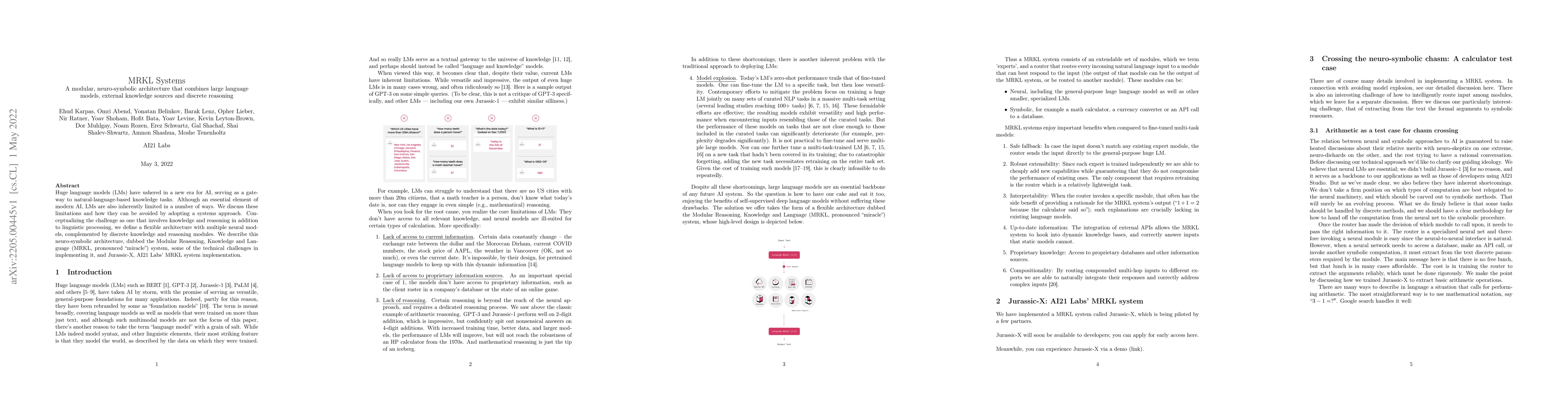 Thumbnail for MRKL Systems: A modular, neuro-symbolic architecture that combines large
  language models, external knowledge sources and discrete reasoning
