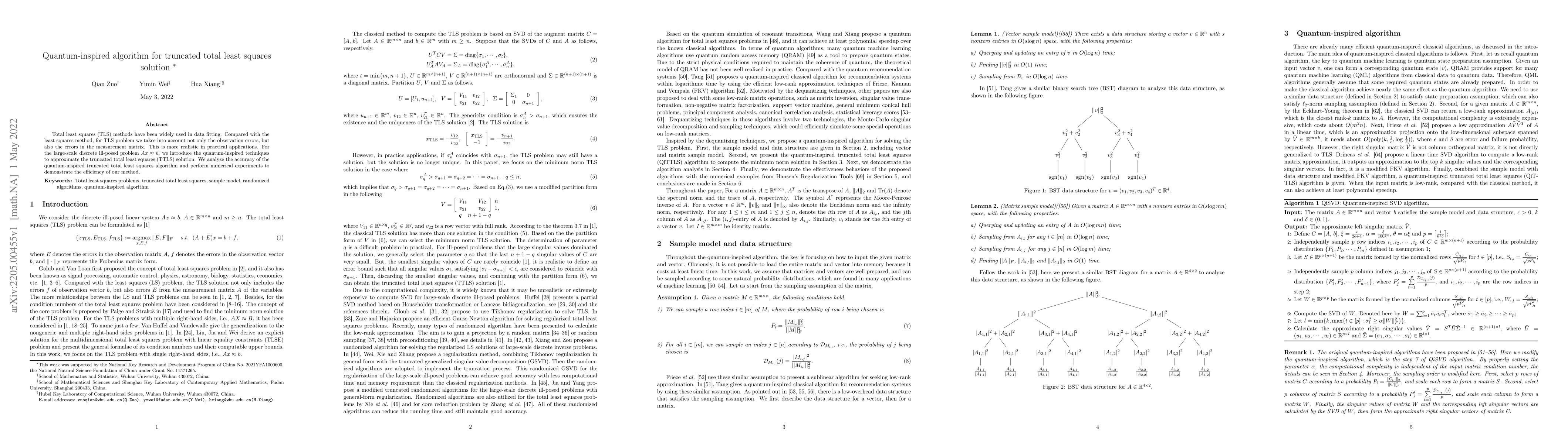 Thumbnail for Quantum-inspired algorithm for truncated total least squares solution