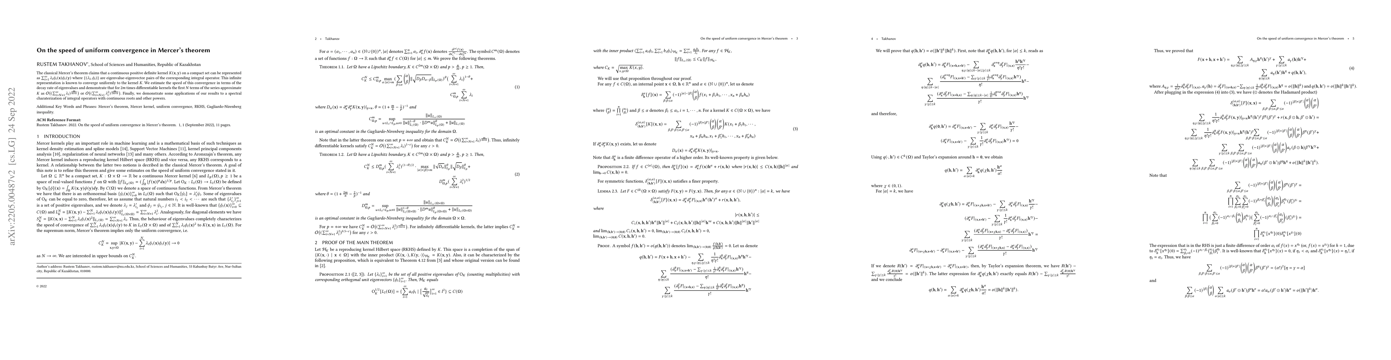 Thumbnail for On the speed of uniform convergence in Mercer's theorem