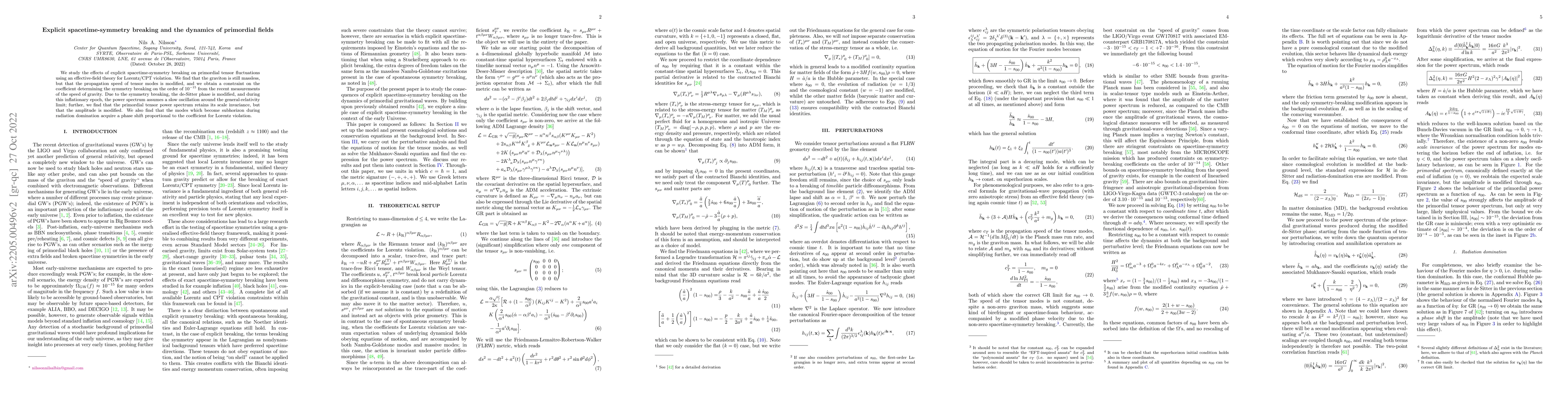 Thumbnail for Explicit spacetime-symmetry breaking and the dynamics of primordial
  fields