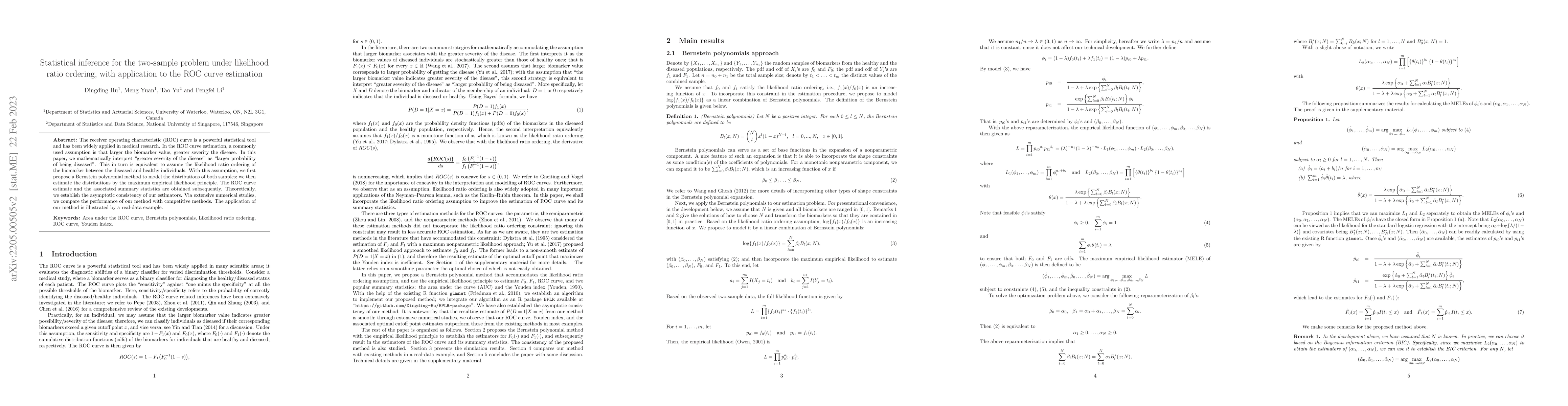Thumbnail for Statistical inference for the two-sample problem under likelihood ratio
  ordering, with application to the ROC curve estimation