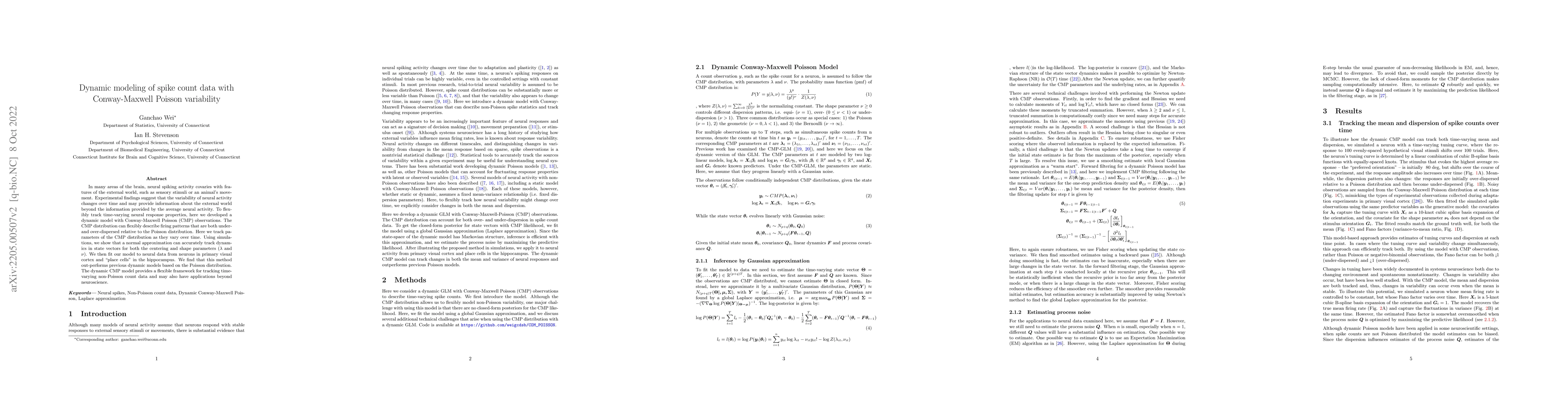 Thumbnail for Dynamic modeling of spike count data with Conway-Maxwell Poisson
  variability
