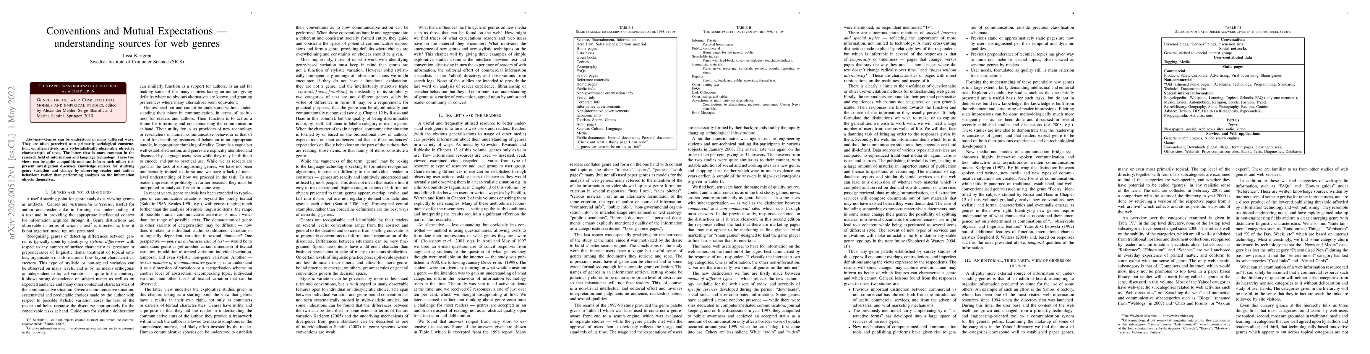 Thumbnail for Conventions and Mutual Expectations -- understanding sources for web
  genres