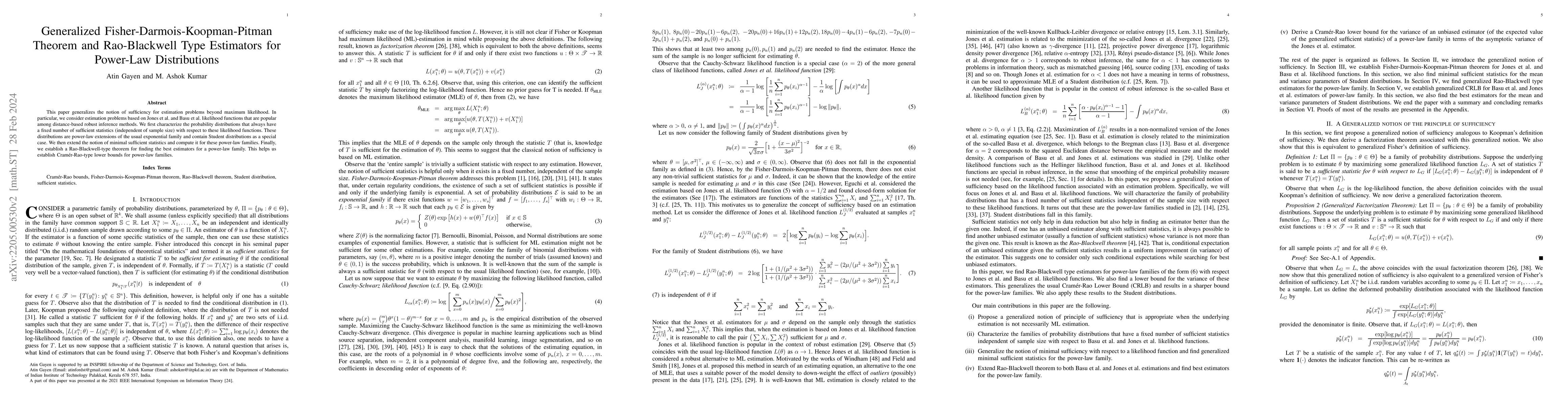 Thumbnail for Generalized Fisher-Darmois-Koopman-Pitman Theorem and Rao-Blackwell Type
  Estimators for Power-Law Distributions