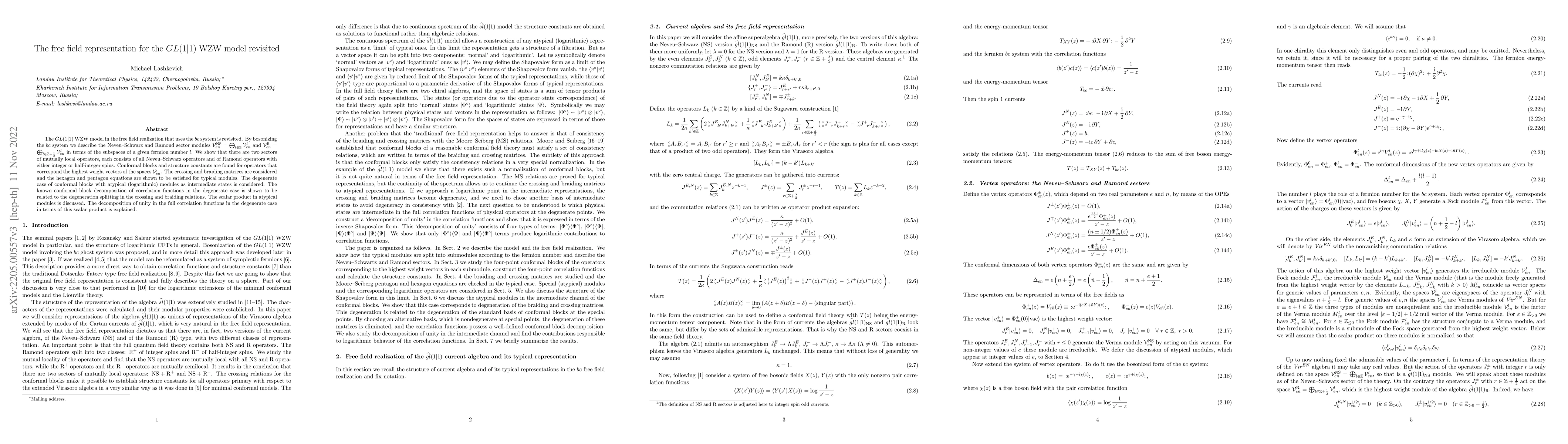 Thumbnail for The free field representation for the $GL(1|1)$ WZW model revisited