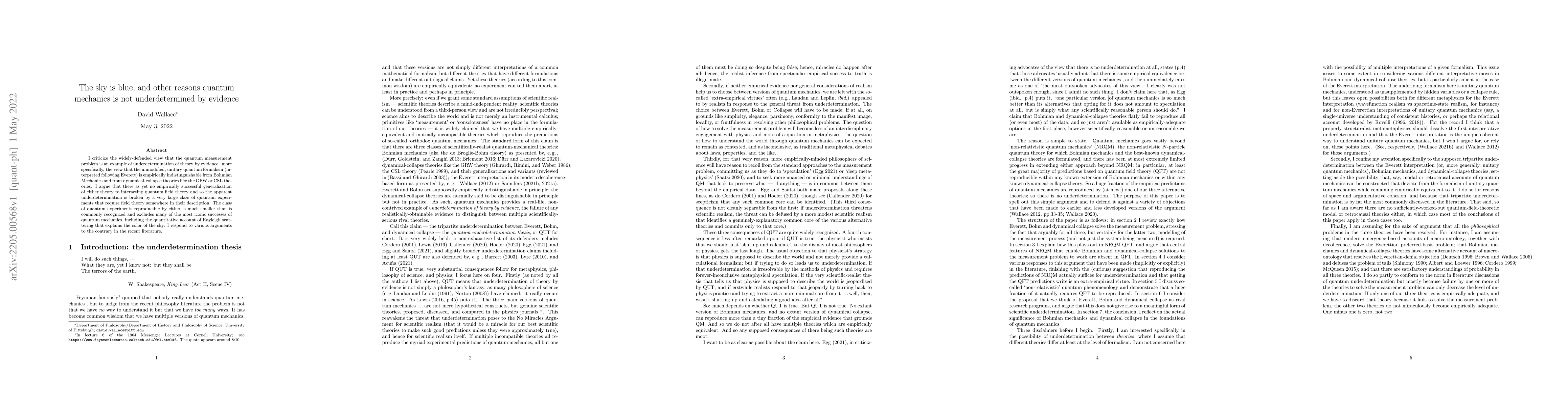 Thumbnail for The sky is blue, and other reasons quantum mechanics is not
  underdetermined by evidence