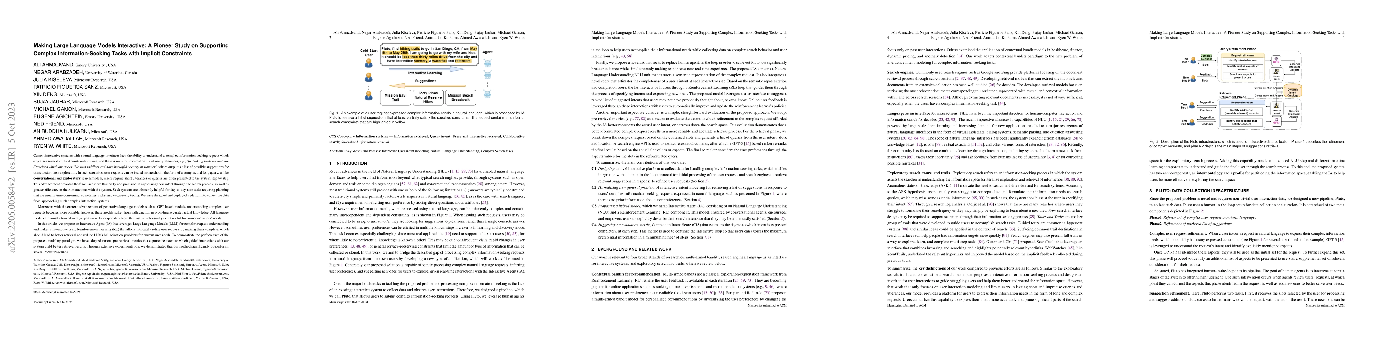Thumbnail for Making Large Language Models Interactive: A Pioneer Study on Supporting
  Complex Information-Seeking Tasks with Implicit Constraints