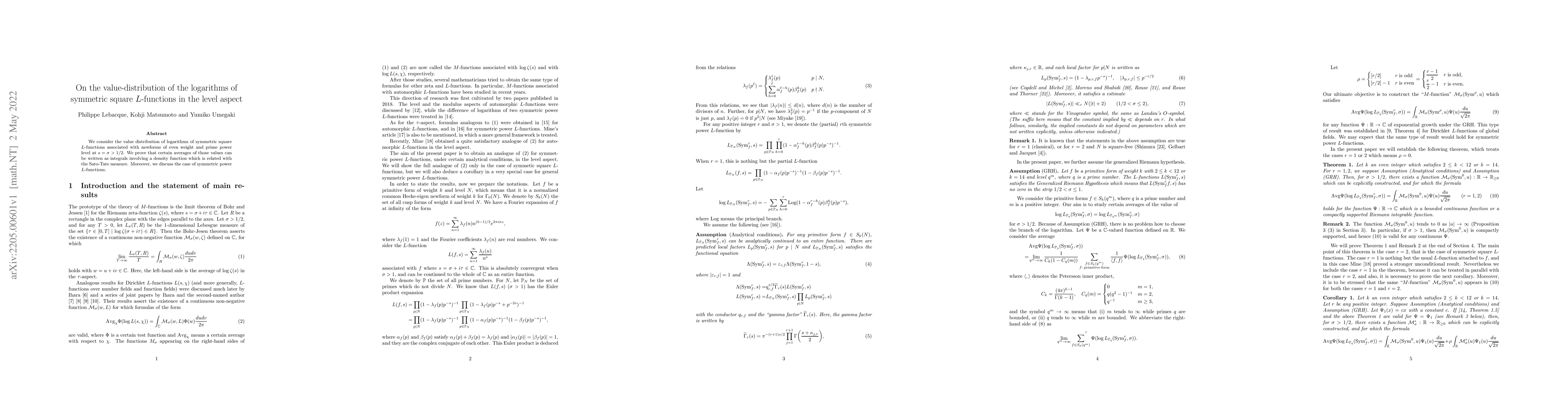 Thumbnail for On the value-distribution of the logarithms of symmetric square
  L-functions in the level aspect