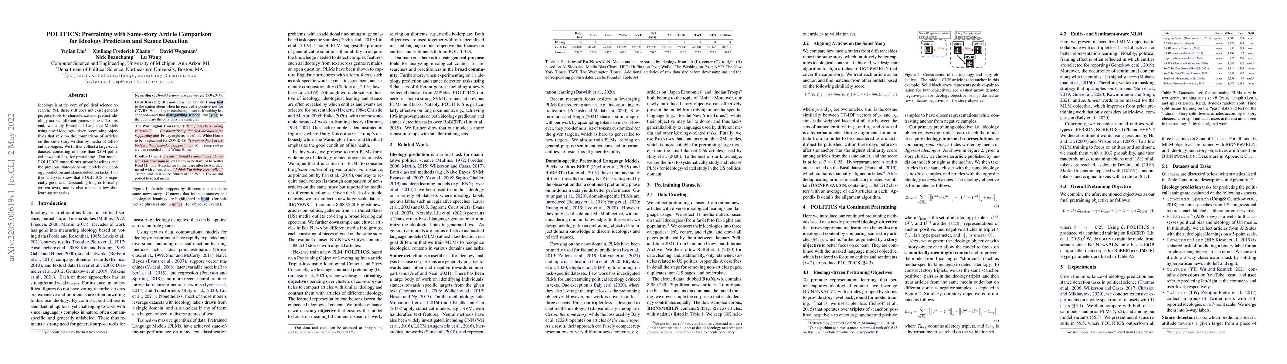 Thumbnail for POLITICS: Pretraining with Same-story Article Comparison for Ideology
  Prediction and Stance Detection
