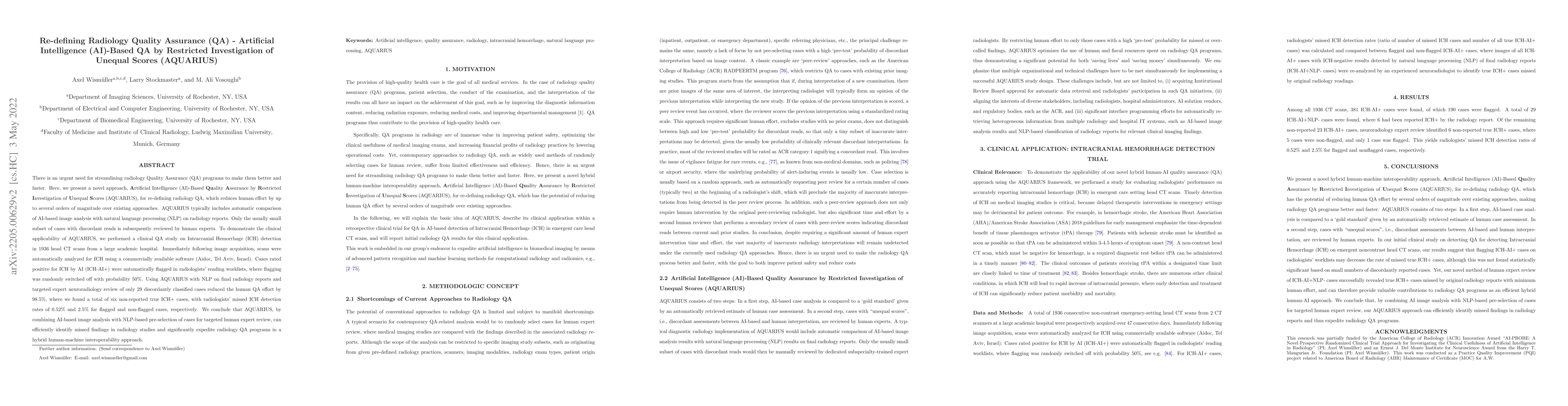 Thumbnail for Re-defining Radiology Quality Assurance (QA) -- Artificial Intelligence
  (AI)-Based QA by Restricted Investigation of Unequal Scores (AQUARIUS)