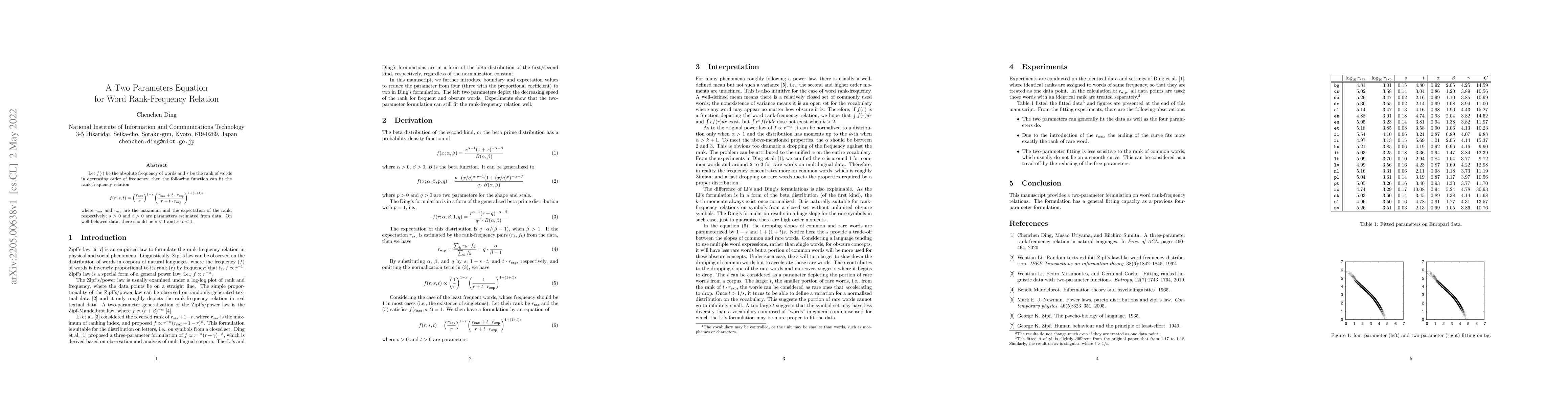 Thumbnail for A Two Parameters Equation for Word Rank-Frequency Relation