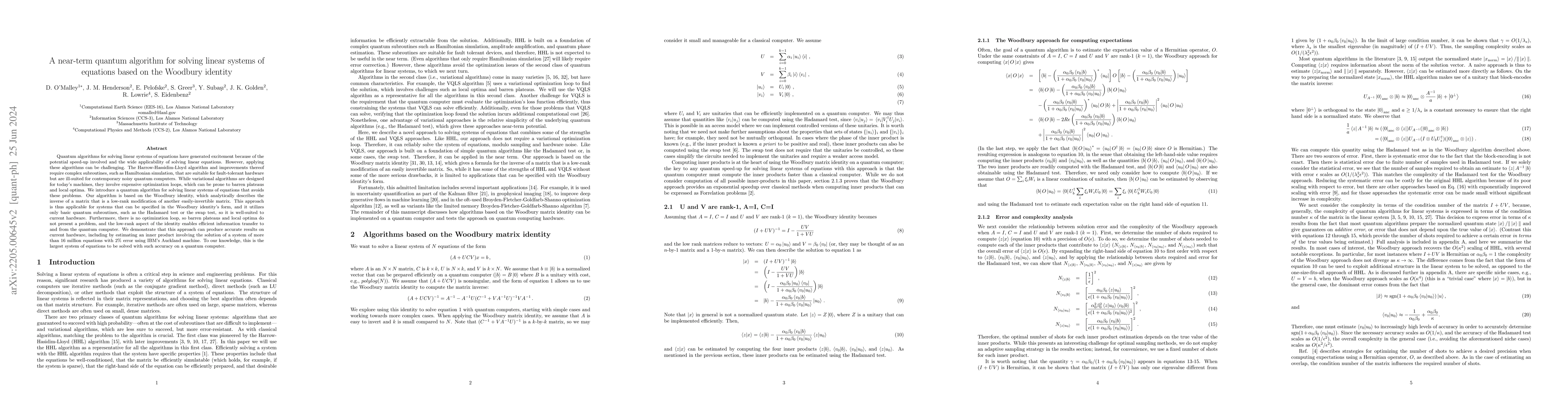 Thumbnail for A near-term quantum algorithm for solving linear systems of equations
  based on the Woodbury identity