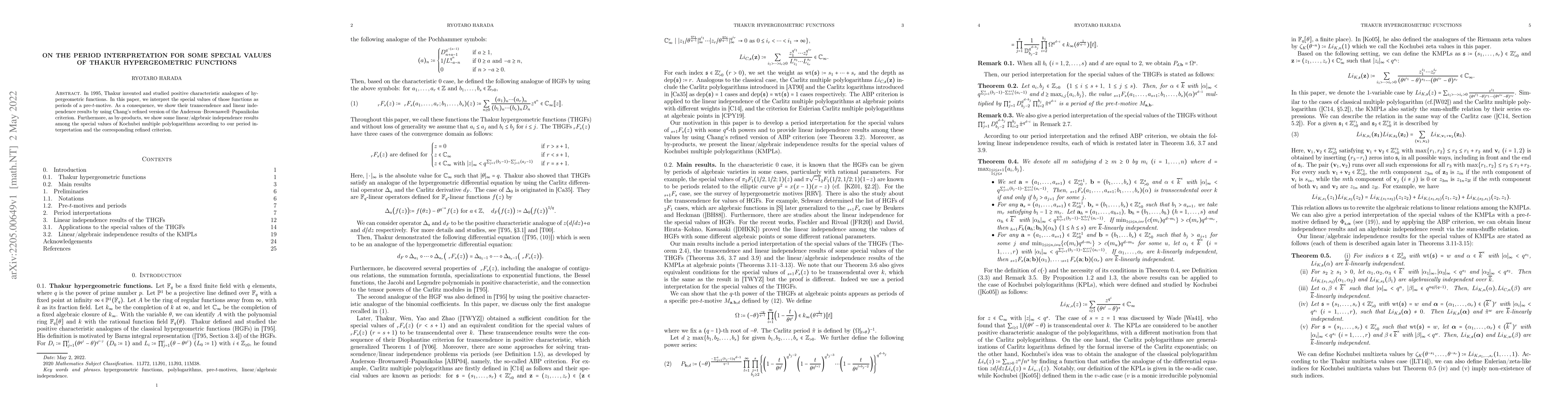 Thumbnail for On the period interpretation for some special values of Thakur
  hypergeometric functions