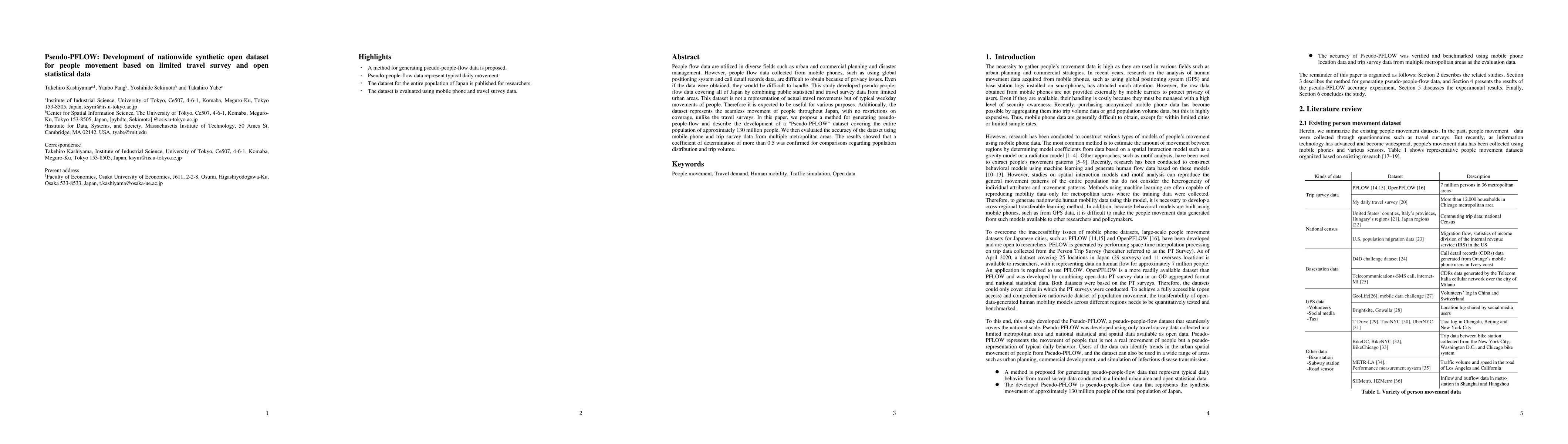 Thumbnail for Pseudo-PFLOW: Development of nationwide synthetic open dataset for
  people movement based on limited travel survey and open statistical data
