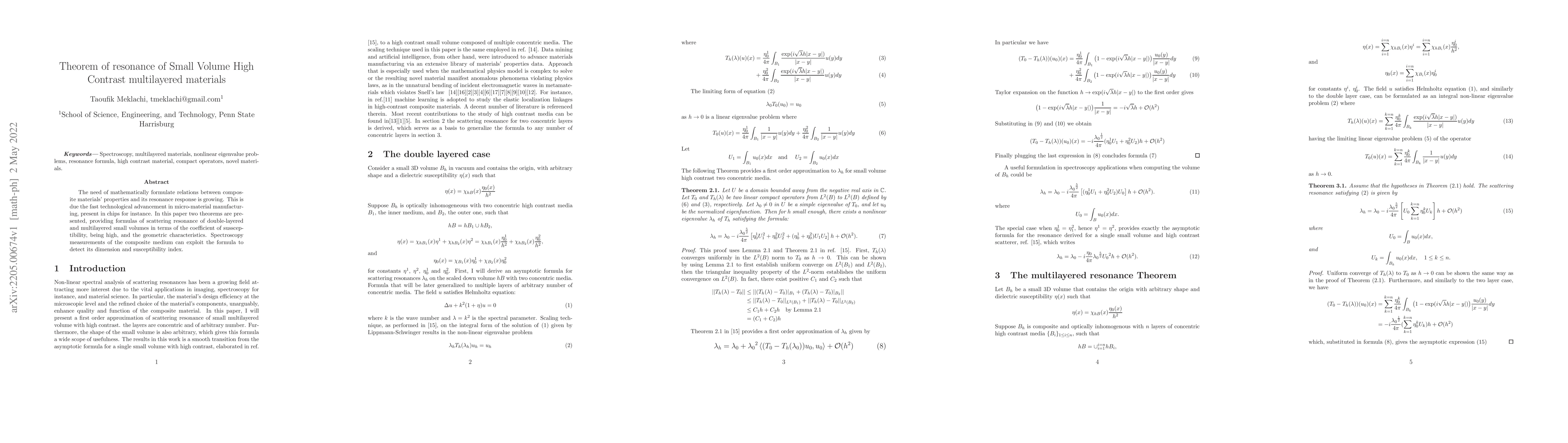 Thumbnail for Theorem of resonance of Small Volume High Contrast multilayered
  materials