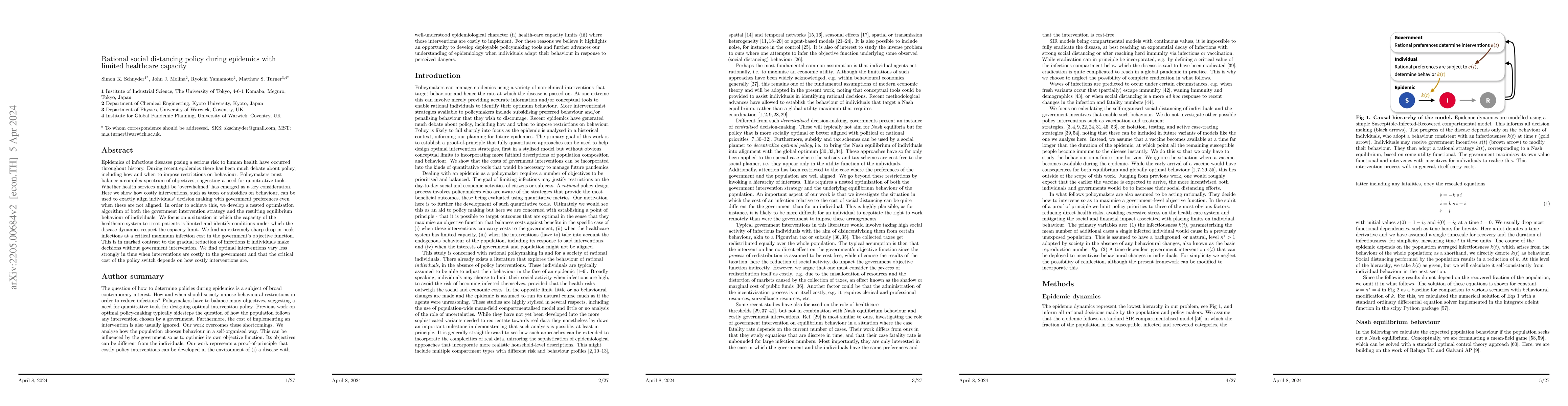 Thumbnail for Rational social distancing policy during epidemics with limited
  healthcare capacity