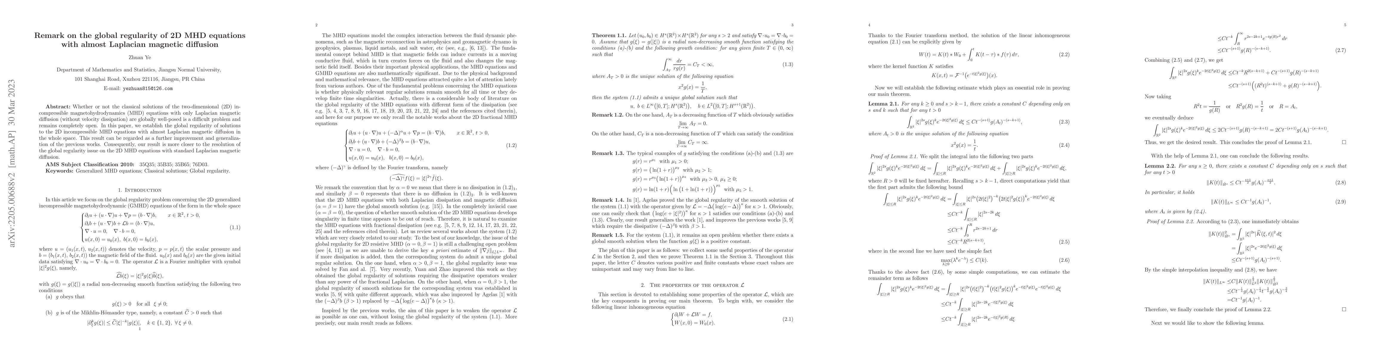 Thumbnail for Remark on the global regularity of 2D MHD equations with almost
  Laplacian magnetic diffusion
