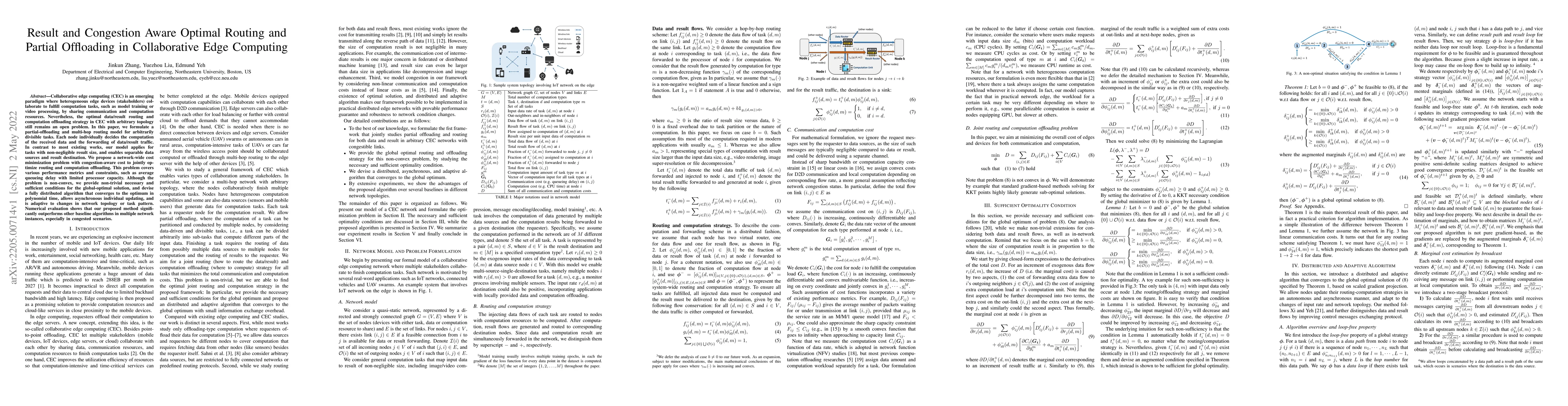 Thumbnail for Result and Congestion Aware Optimal Routing and Partial Offloading in
  Collaborative Edge Computing