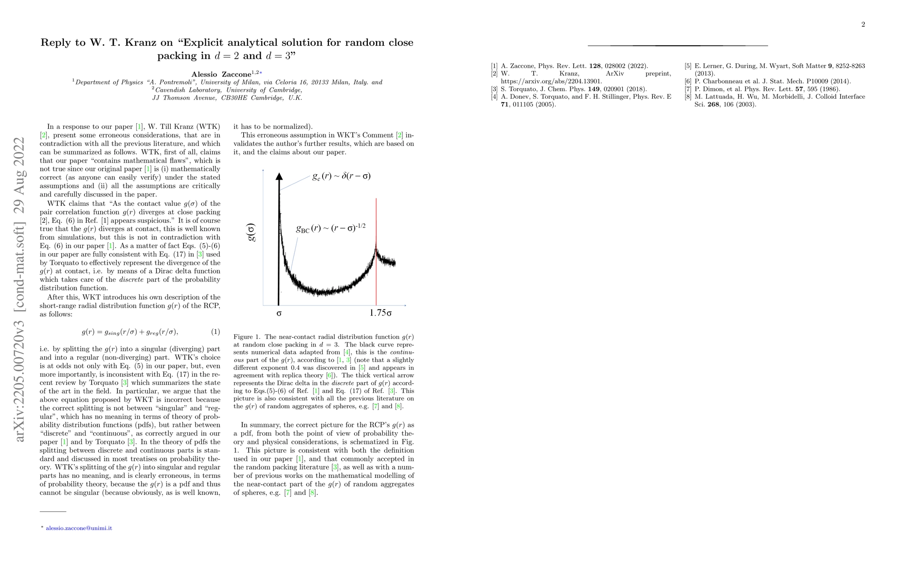 Thumbnail for Reply to W. T. Kranz on "Explicit analytical solution for random close
  packing in $d=2$ and $d=3$"