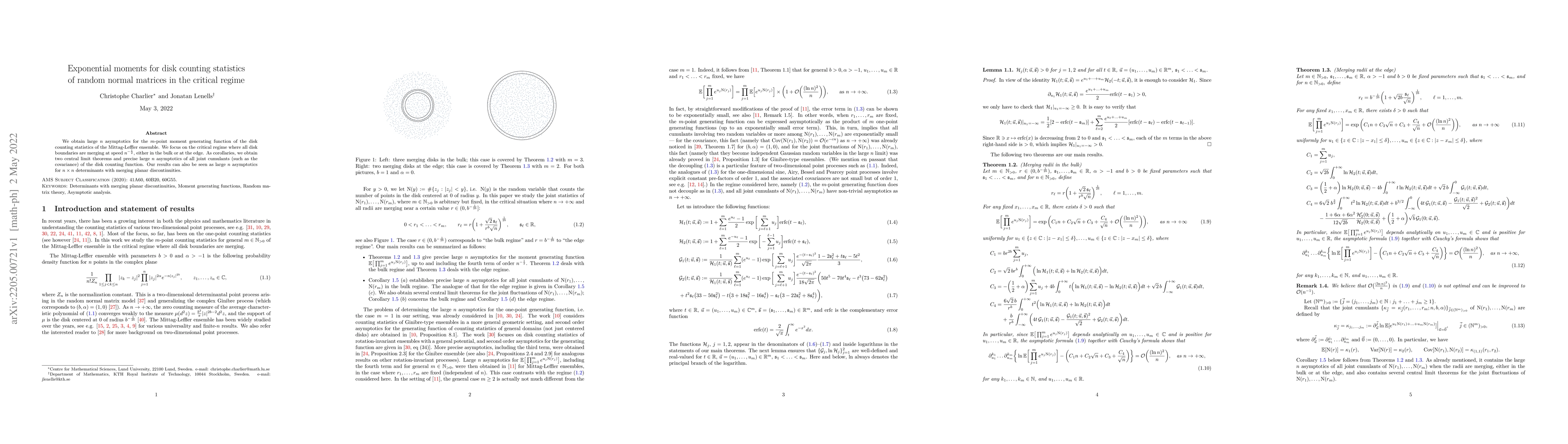 Thumbnail for Exponential moments for disk counting statistics of random normal
  matrices in the critical regime