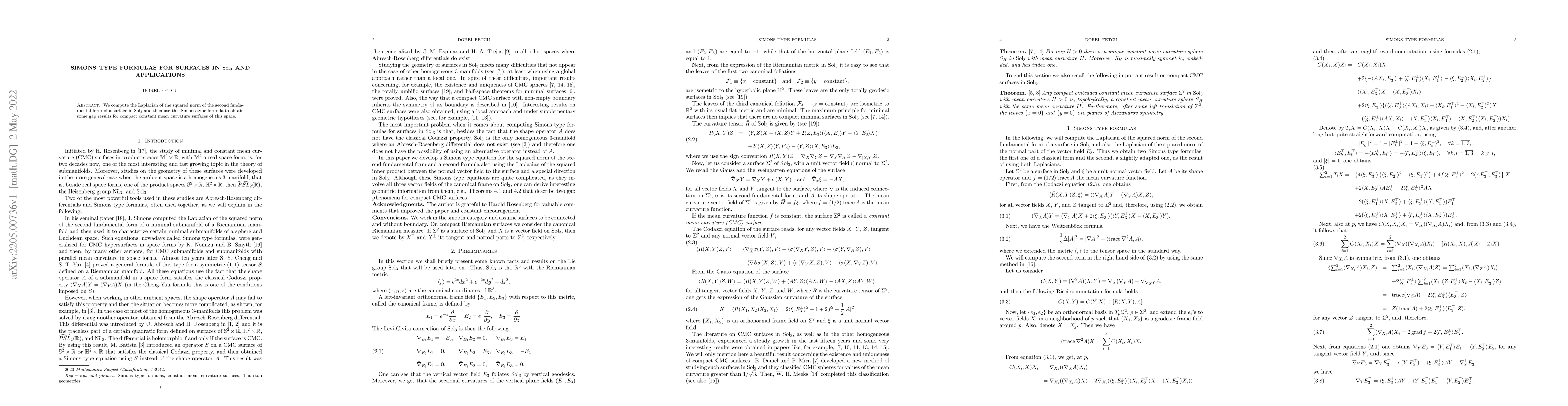 Thumbnail for Simons type formulas for surfaces in Sol_3 and applications