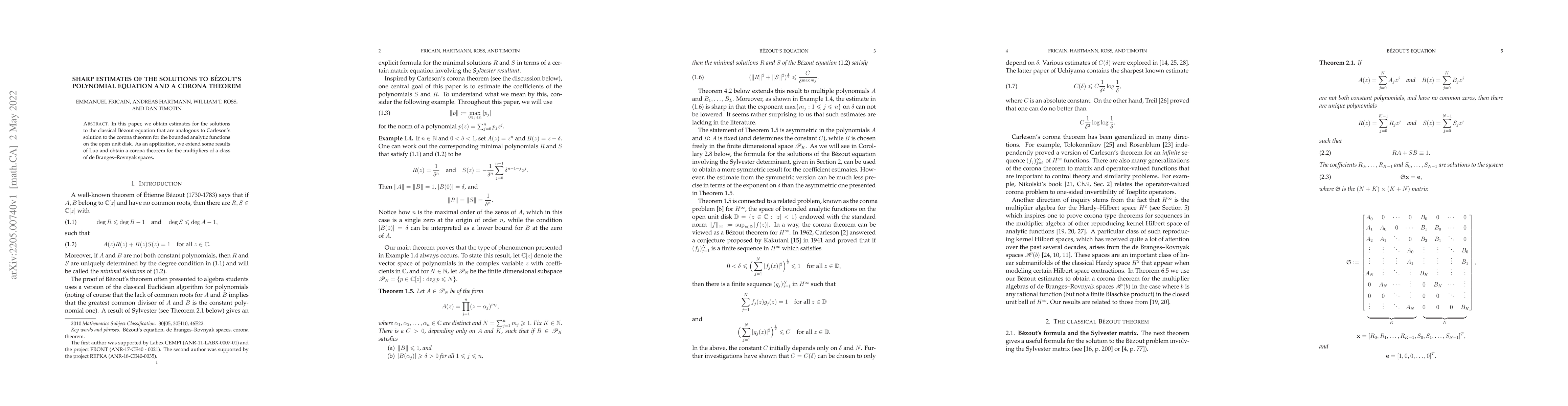 Thumbnail for Sharp estimates of the solutions to B{\'e}zout's polynomial equation and
  a corona theorem