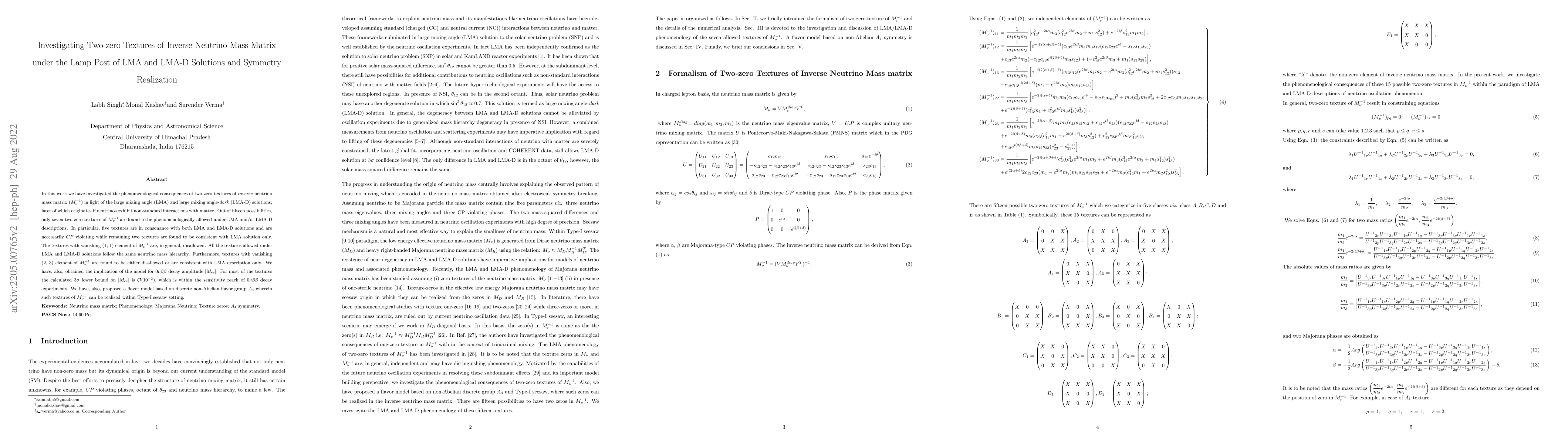 Thumbnail for Investigating Two-zero Textures of Inverse Neutrino Mass Matrix under
  the Lamp Post of LMA and LMA-D Solutions and Symmetry Realization