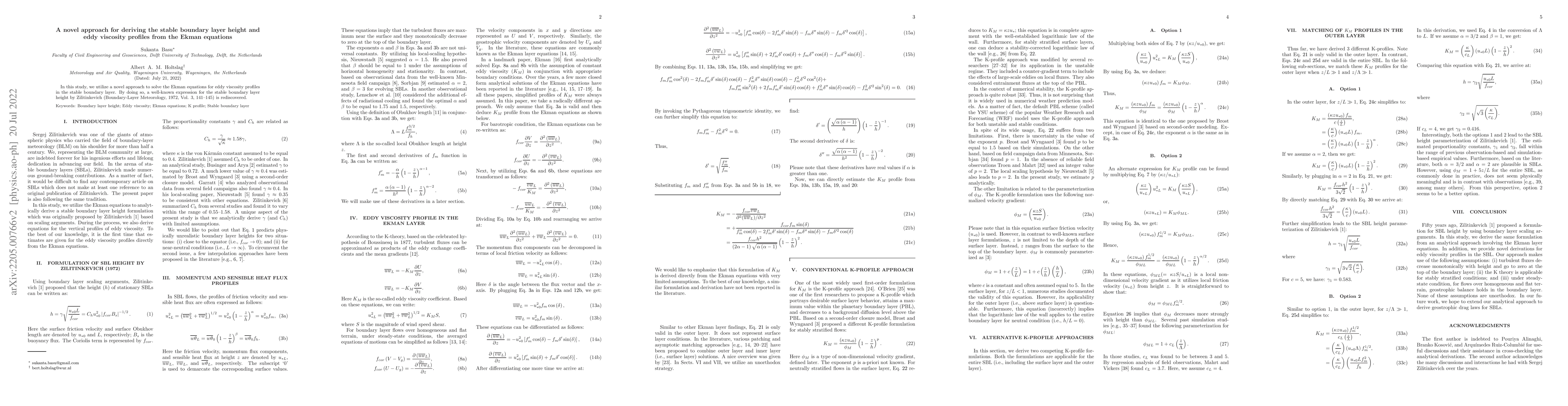 Thumbnail for A novel approach for deriving the stable boundary layer height and eddy
  viscosity profiles from the Ekman equations