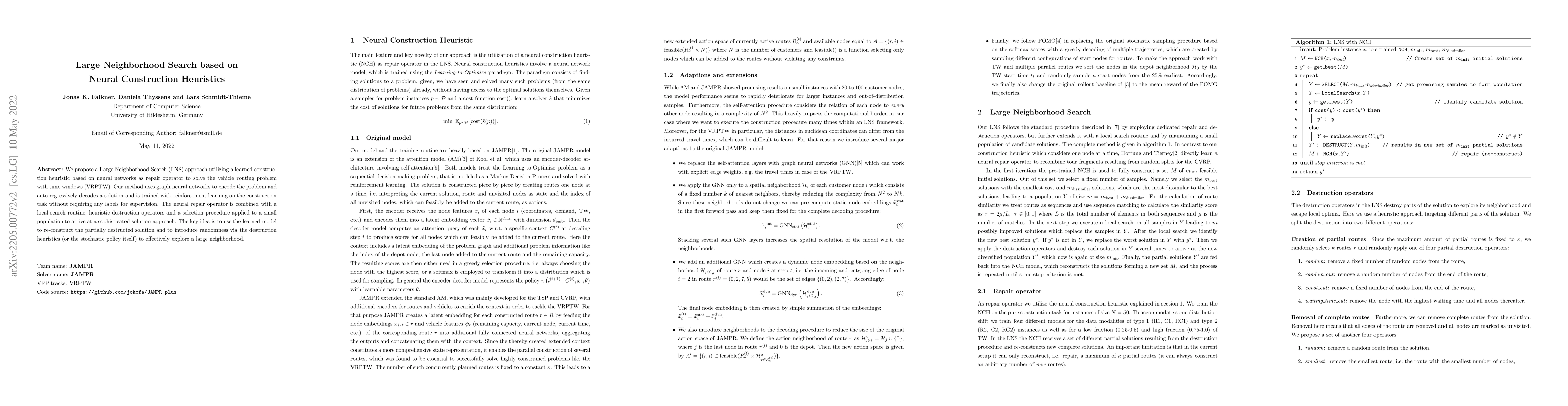 Thumbnail for Large Neighborhood Search based on Neural Construction Heuristics