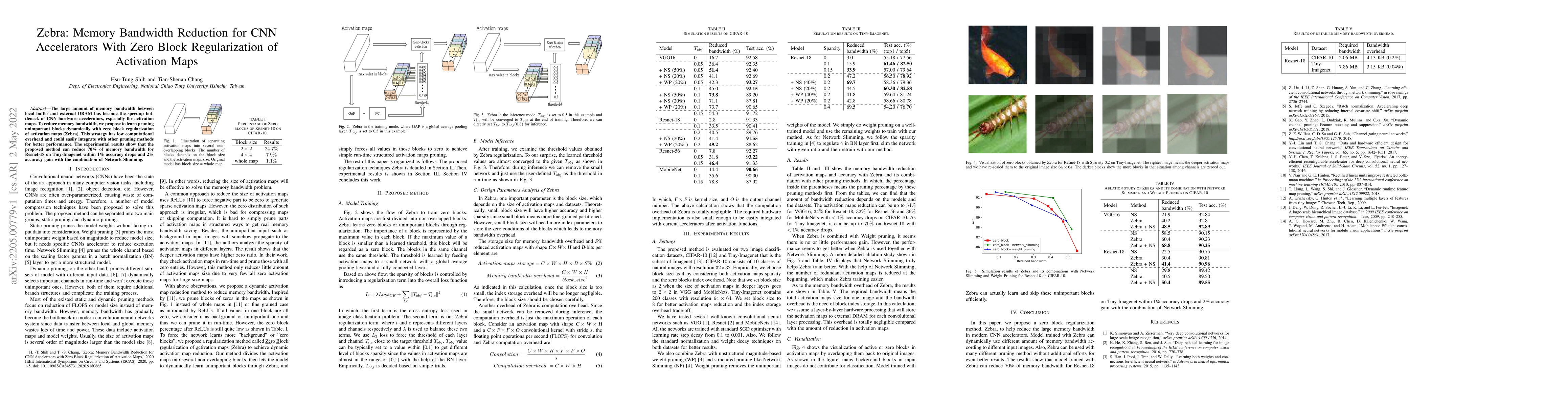 Thumbnail for Zebra: Memory Bandwidth Reduction for CNN Accelerators With Zero Block
  Regularization of Activation Maps