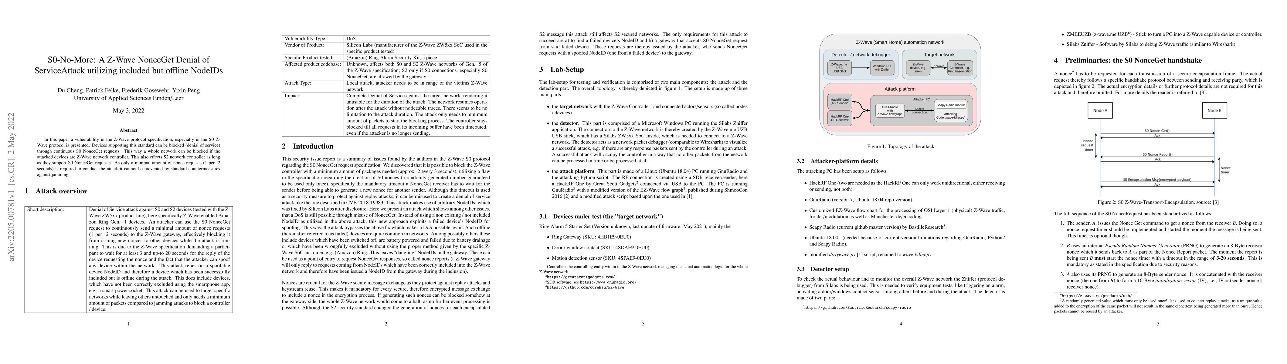 Thumbnail for S0-No-More: A Z-Wave NonceGet Denial of Service Attack utilizing
  included but offline NodeIDs